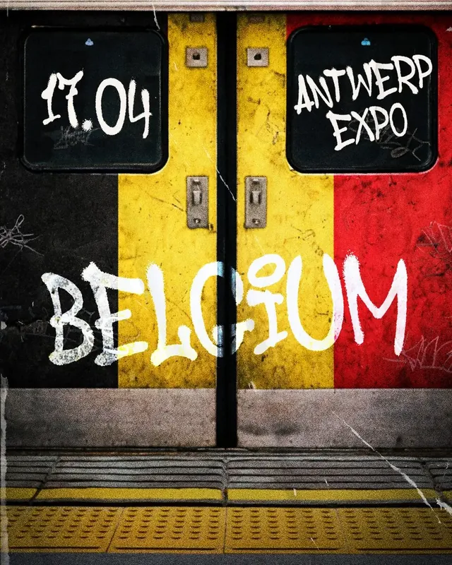 DnB Allstars: Antwerp: poster artwork, train doors in Belgian colours with the date and venue