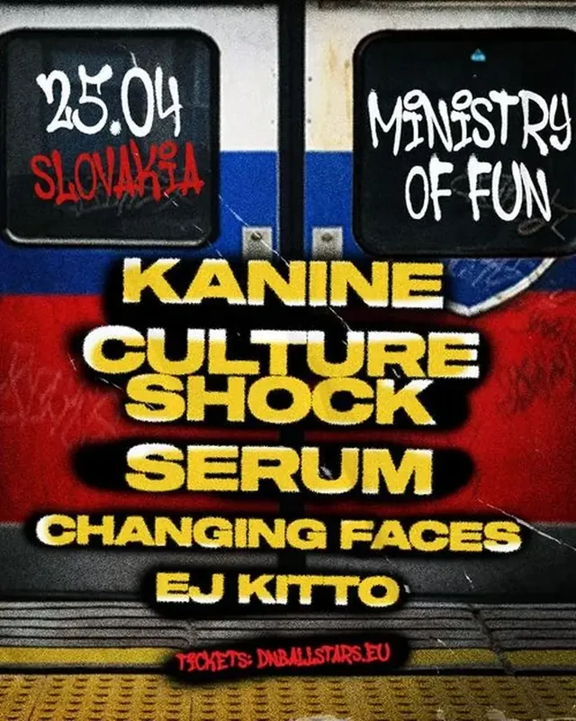 DnB Allstars: Slovakia: poster artwork, train doors with the date, venue and line-up