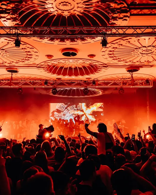 DnB Allstars: Brisbane: Ornate red-orange ceiling above a packed crowd and stage