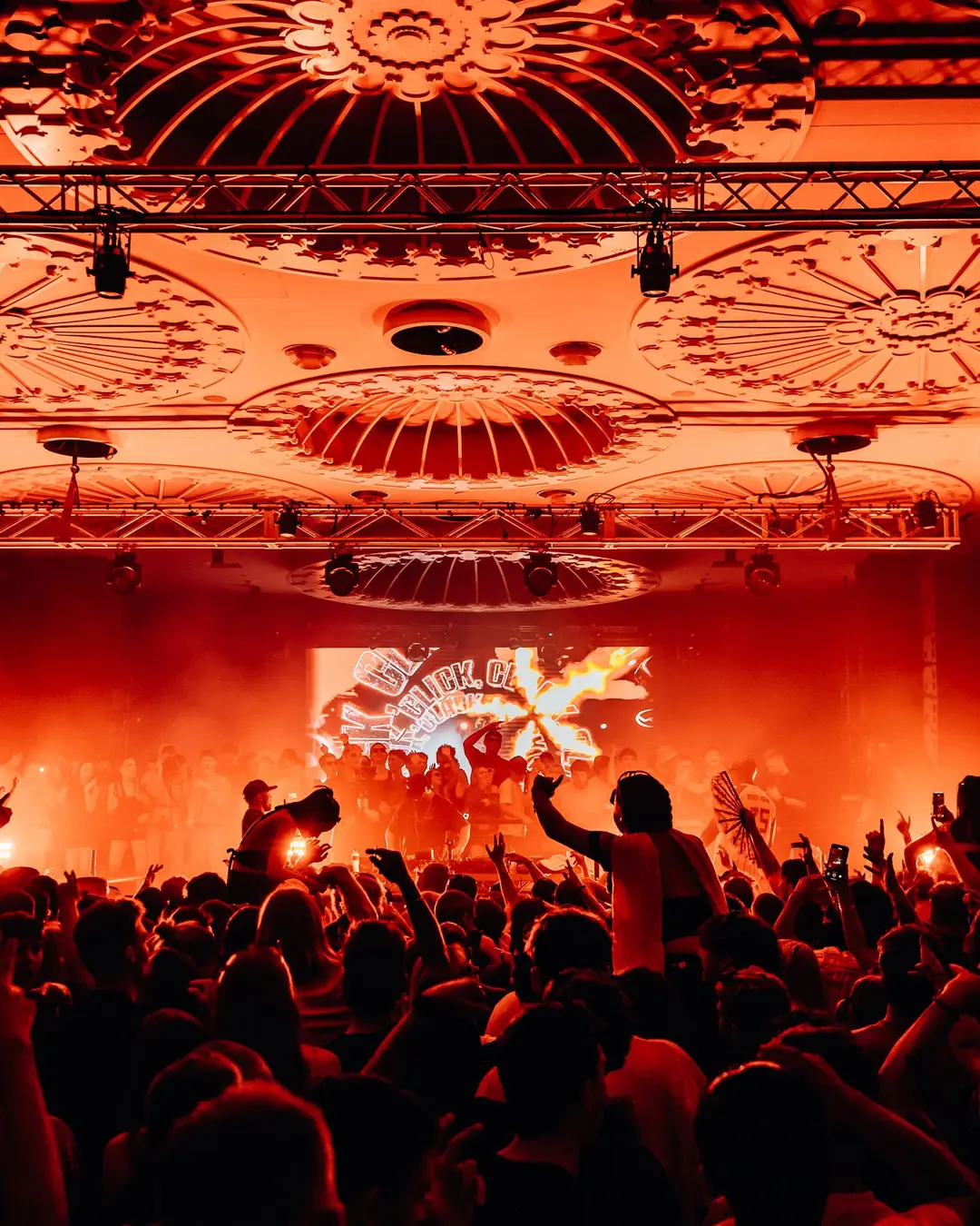 DnB Allstars: Brisbane: Ornate red-orange ceiling above a packed crowd and stage