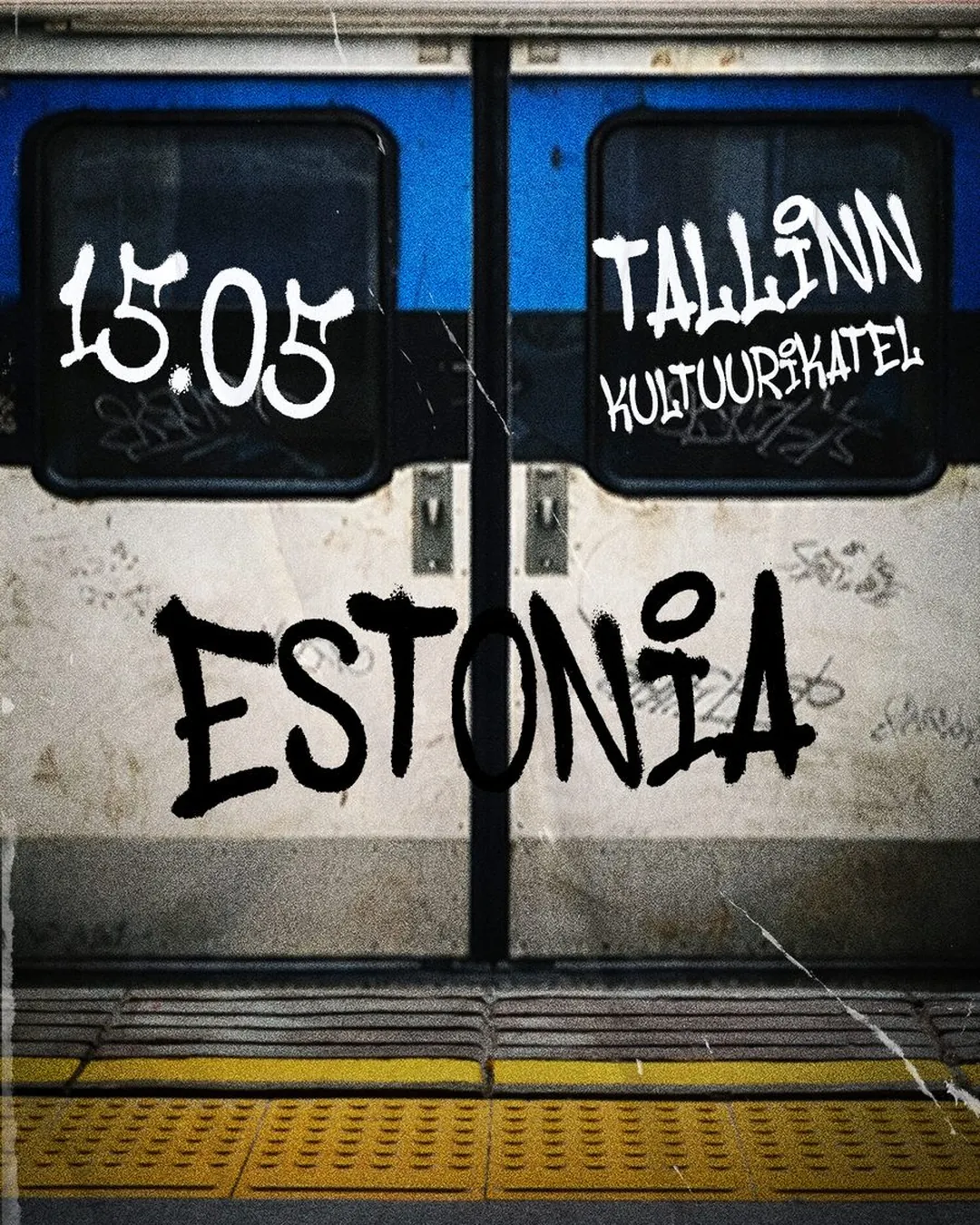 DnB Allstars: Estonia: poster artwork, train doors in Estonian colours with the date and venue