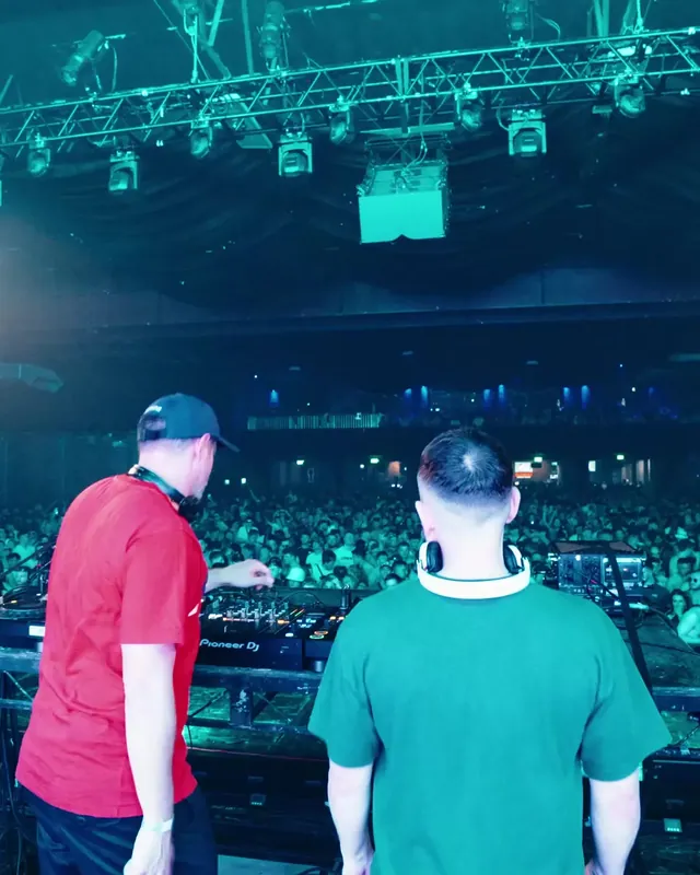 DnB Allstars: Manchester: two DJs at the front looking out over Manchester