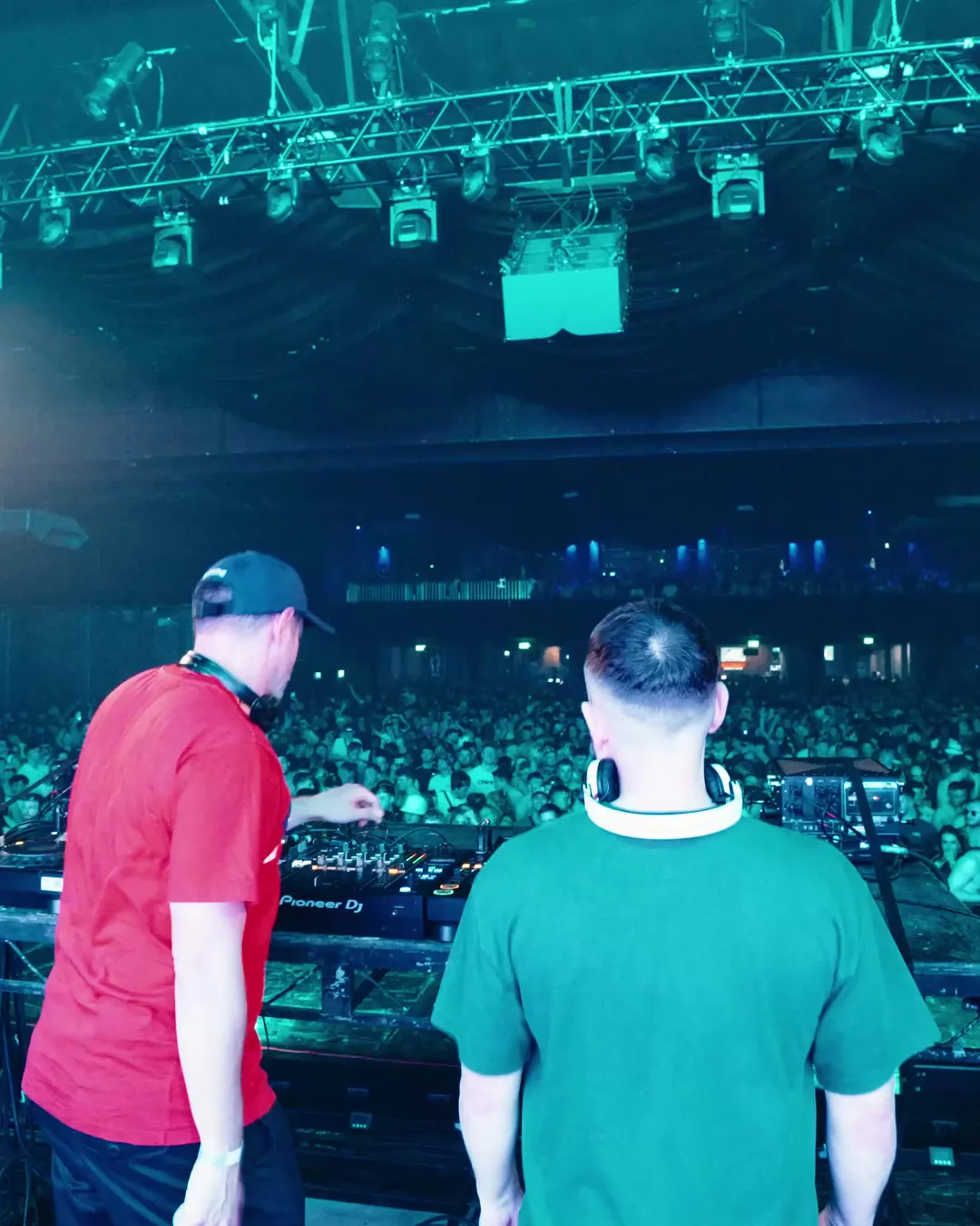DnB Allstars: Manchester: two DJs at the front looking out over Manchester