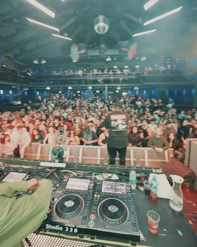 DnB Allstars NYD: London 30Hz: view from the decks across a full New Year's Day crowd