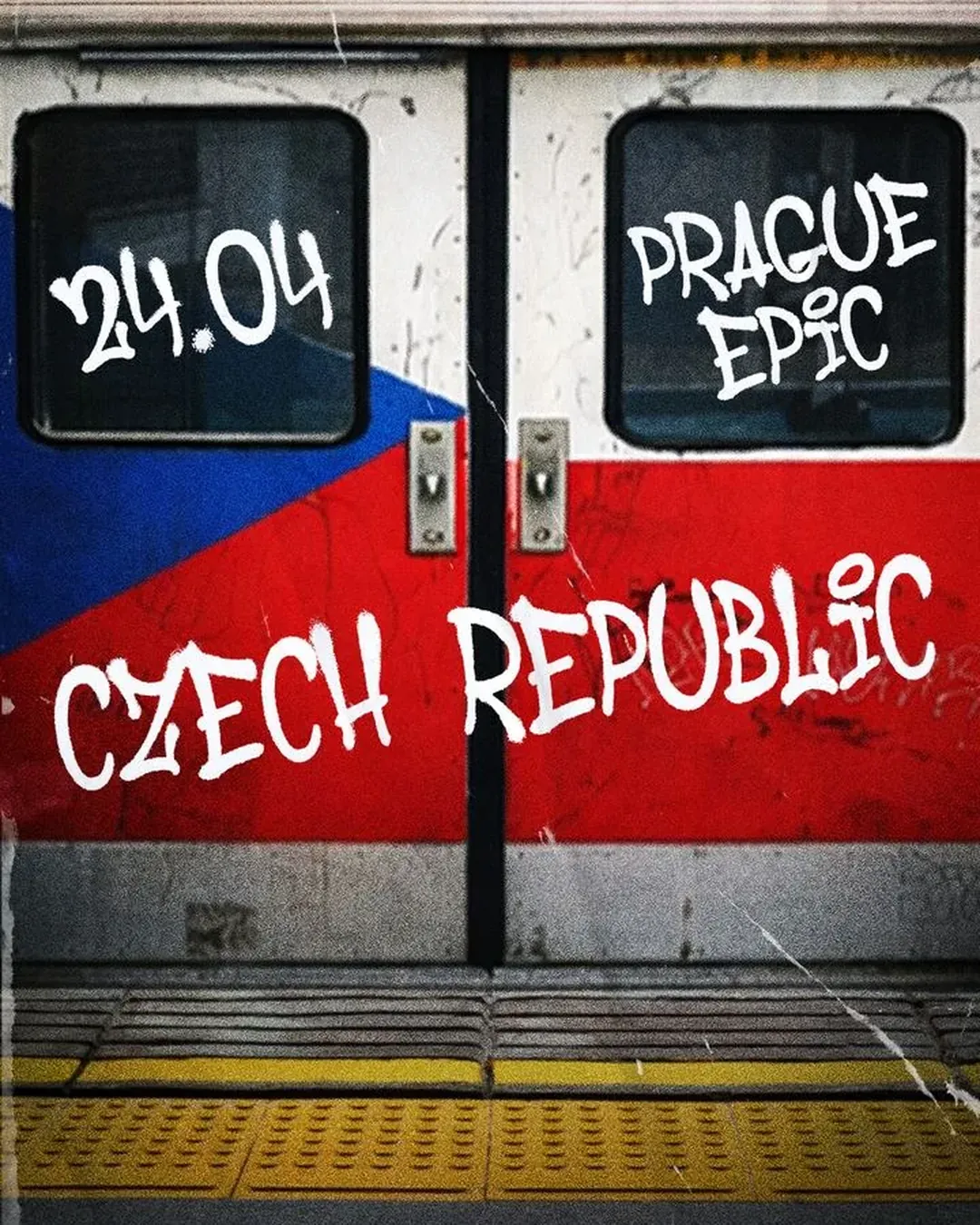 DnB Allstars: Prague: poster artwork, train doors in Czech colours with the date and venue