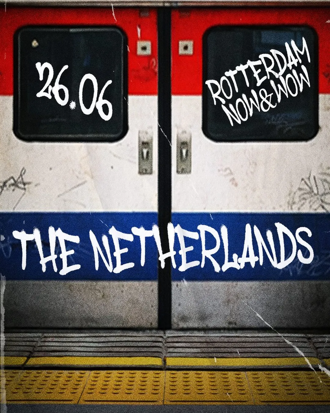 DnB Allstars: Rotterdam: poster artwork, train doors in Dutch colours with the date and venue