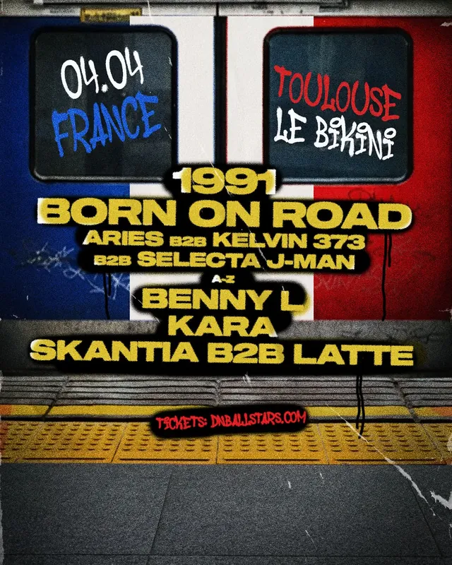 DnB Allstars: Toulouse: poster artwork, train doors with the date, venue and line-up