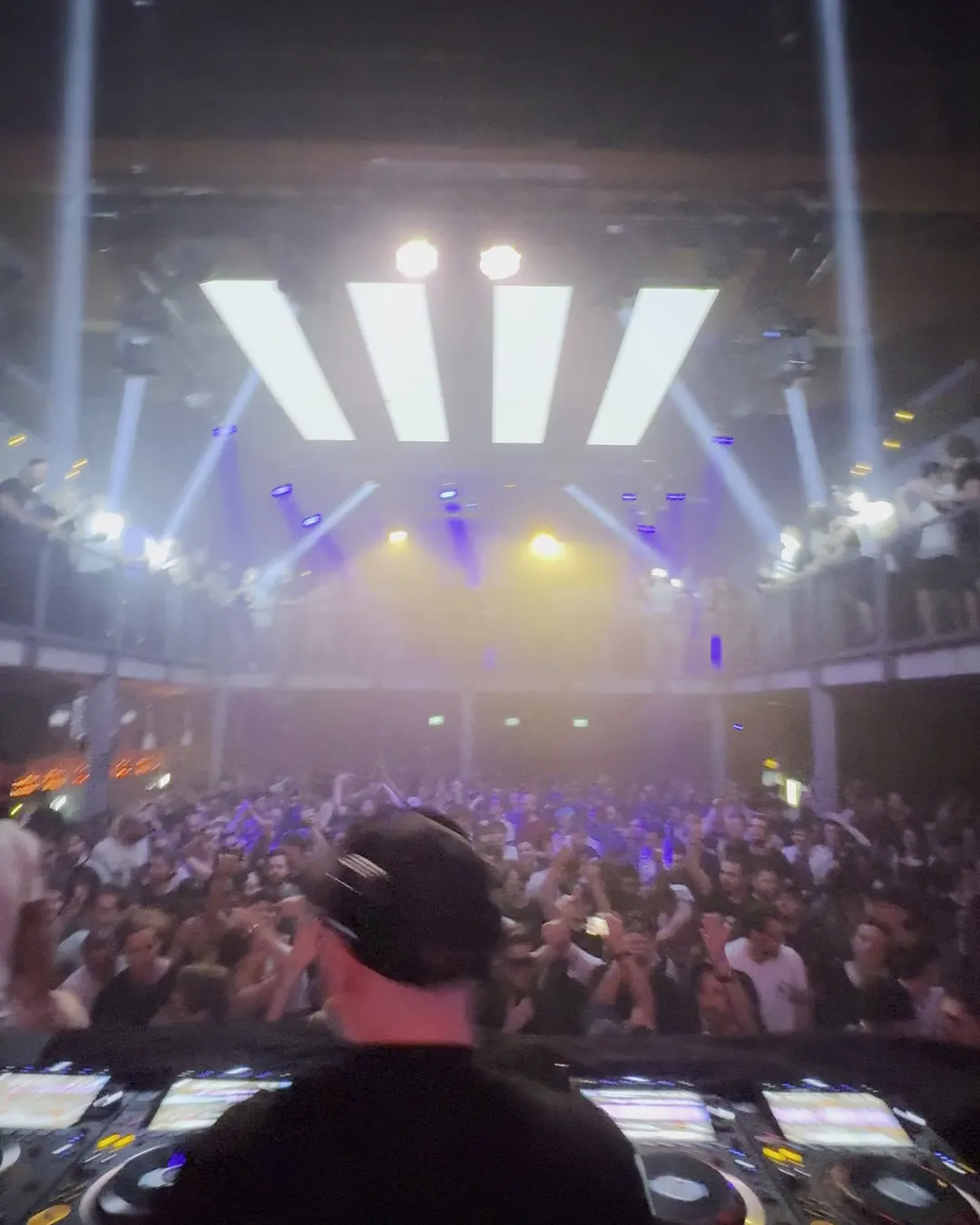 DnB Allstars: Zurich: light bars over a packed Zurich crowd seen from the booth